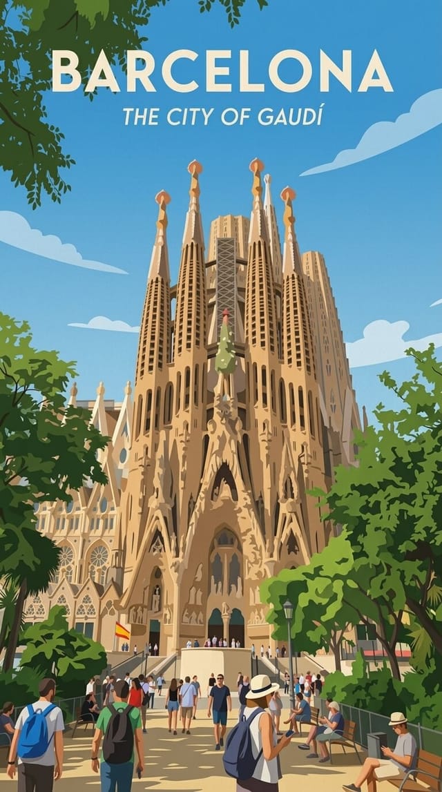 Illustrated travel poster barcelona