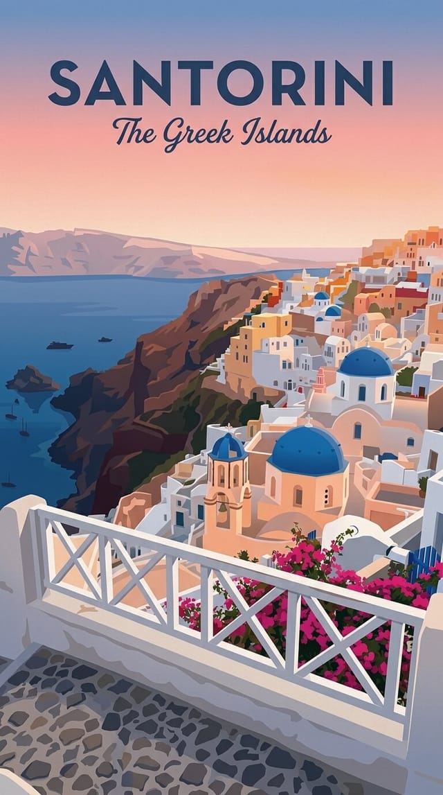 Illustrated travel poster santorini