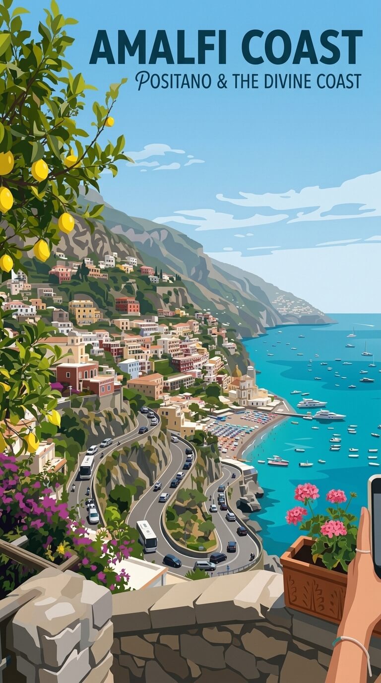 Amalfi Coast travel poster — illustrated wall art from your photo